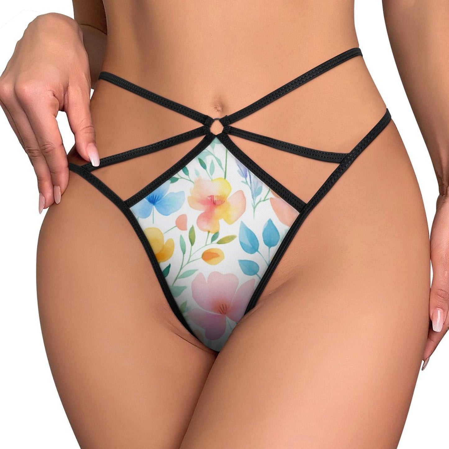 Alluring Tropical Floral Print Mesh Thong - Sexy Strappy G-String