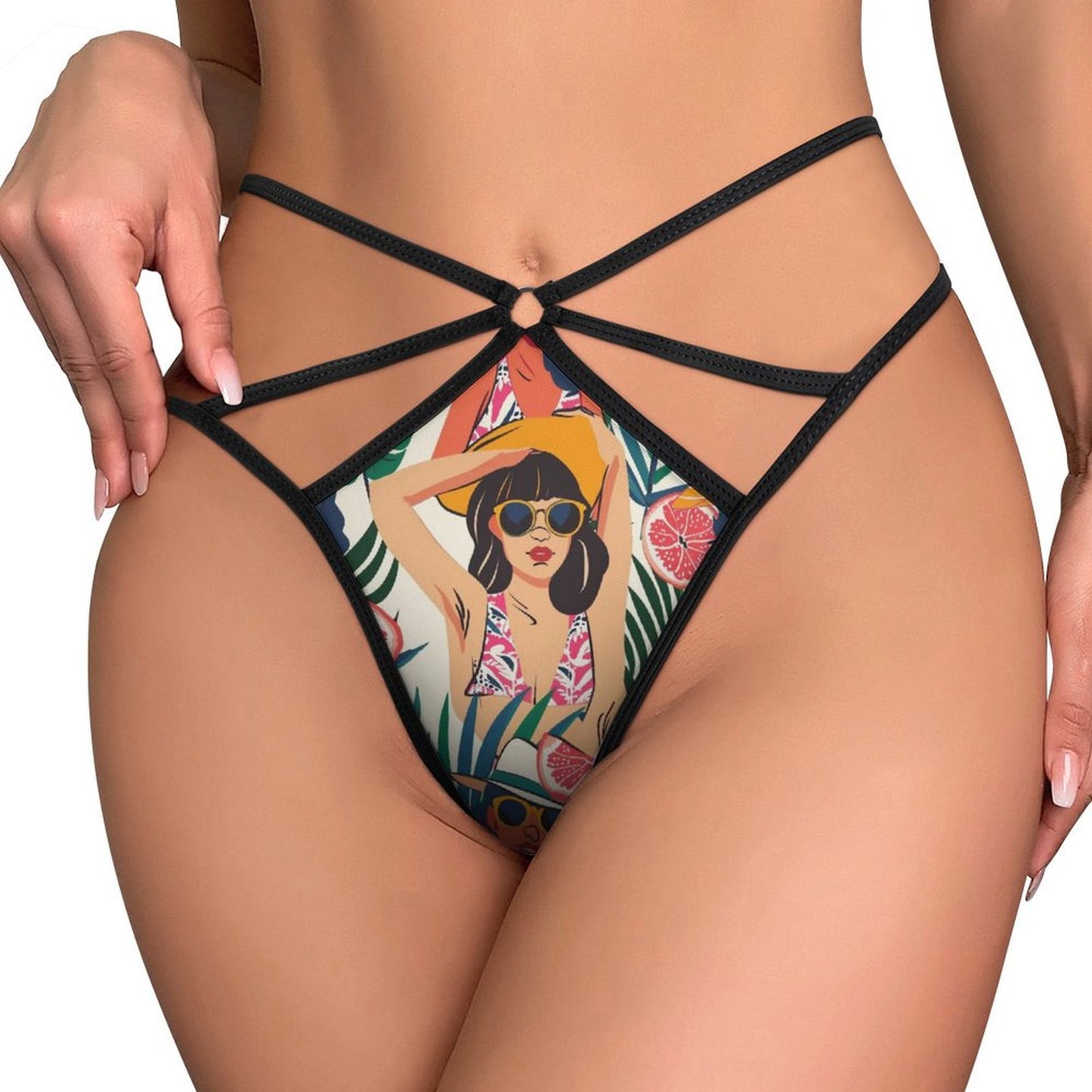 Alluring Tropical Floral Print Mesh Thong - Sexy Strappy G-String