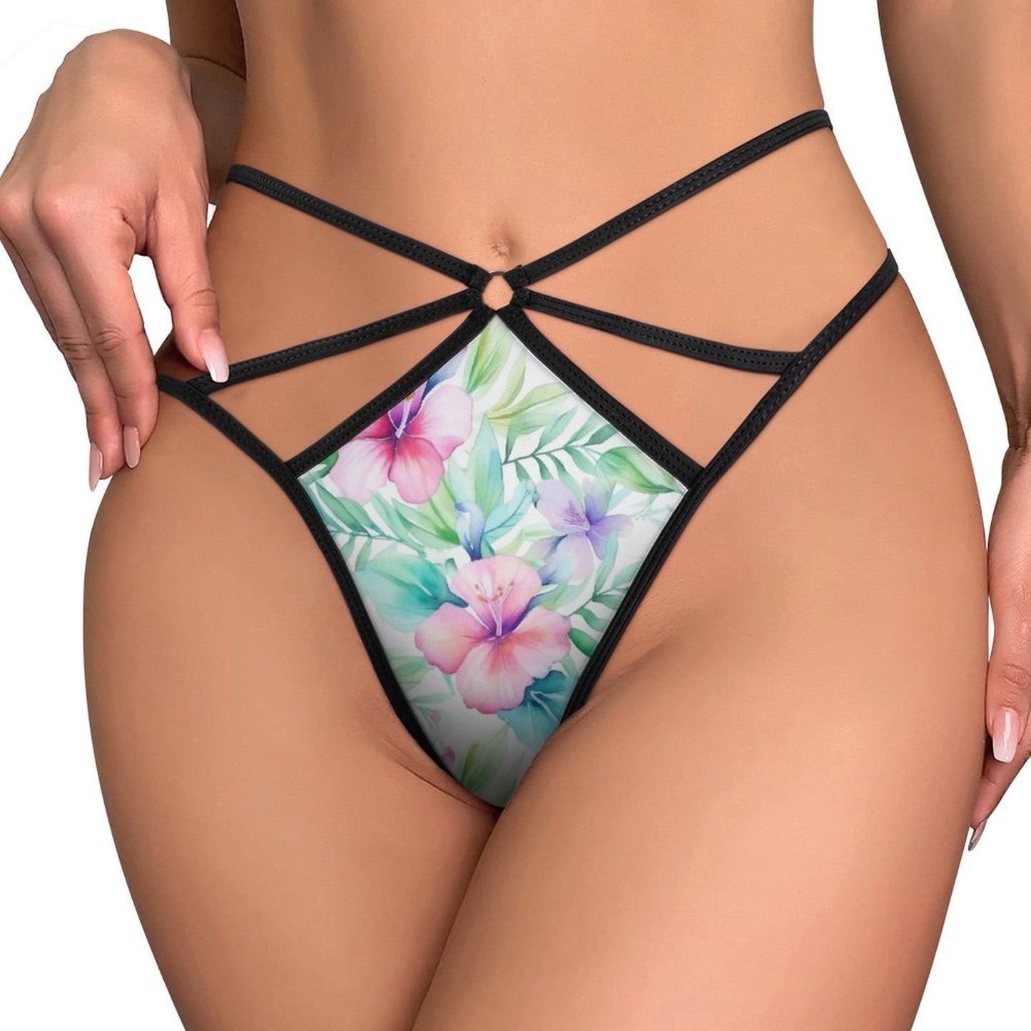 Alluring Tropical Floral Print Mesh Thong - Sexy Strappy G-String