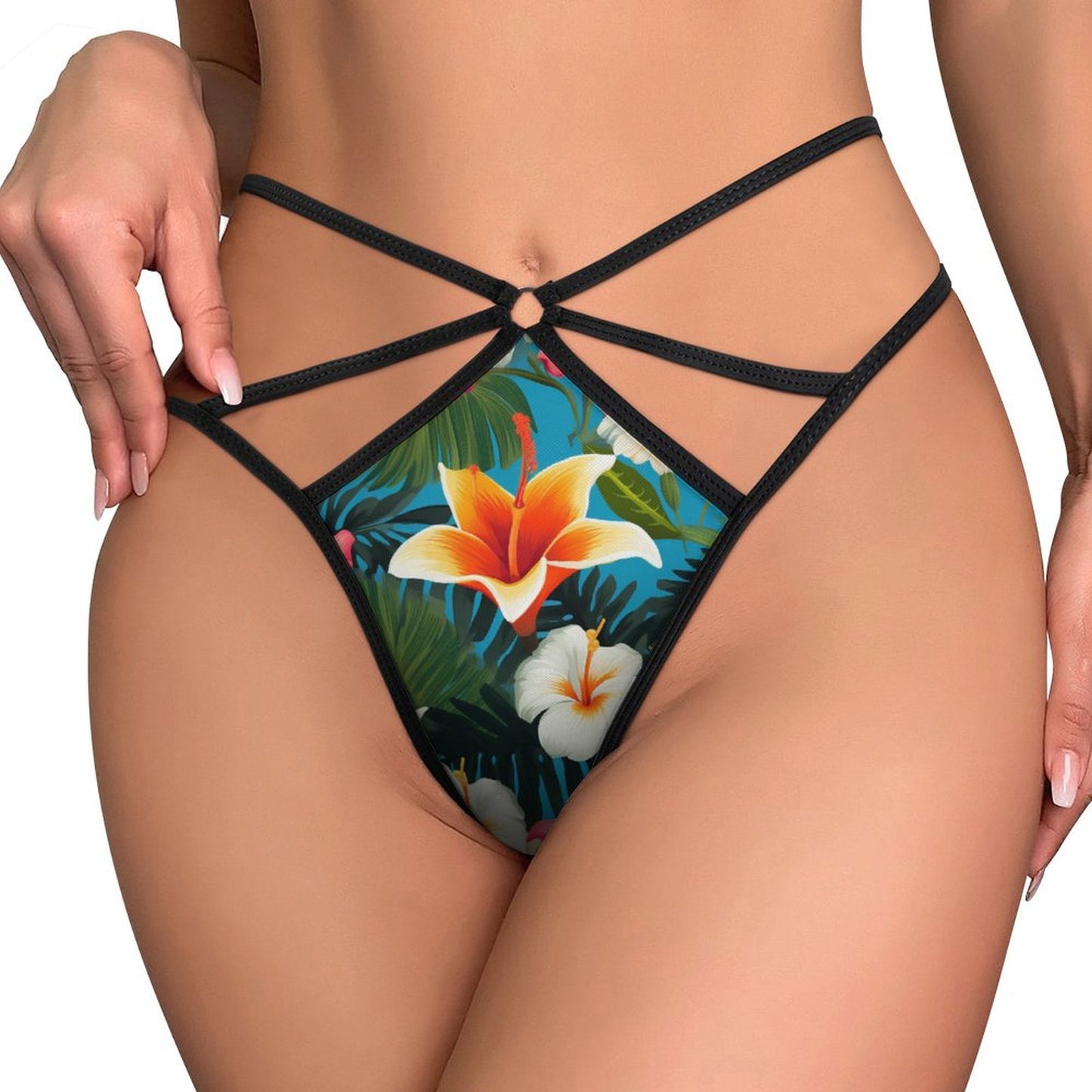 Alluring Tropical Floral Print Mesh Thong - Sexy Strappy G-String