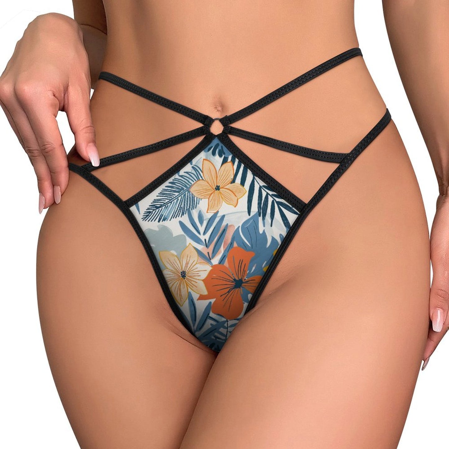 Alluring Tropical Floral Print Mesh Thong - Sexy Strappy G-String